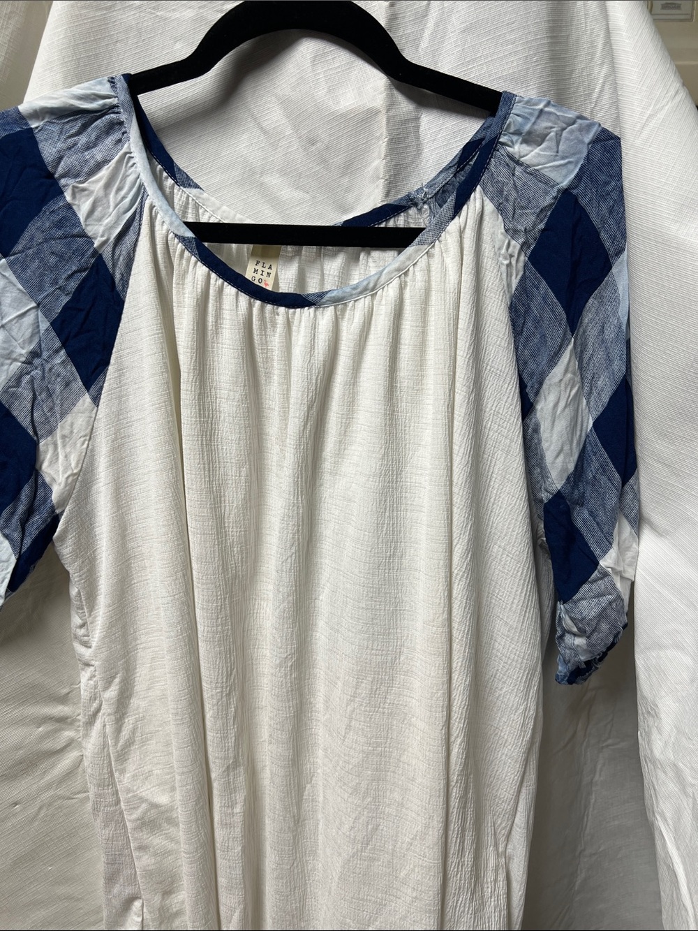 Women’s White Peasant Tunic with Blue Plaid Raglan Sleeves